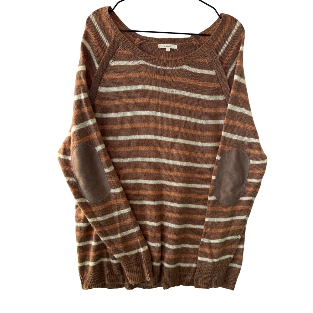 Easel Striped Knit Sweater Brown Orange White Elbow Patch Women's Size L